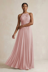 Halter Pleated Chiffon A - Line Bridesmaid Dress in Dusty Rose - KissProm Bridesmaid Dresses