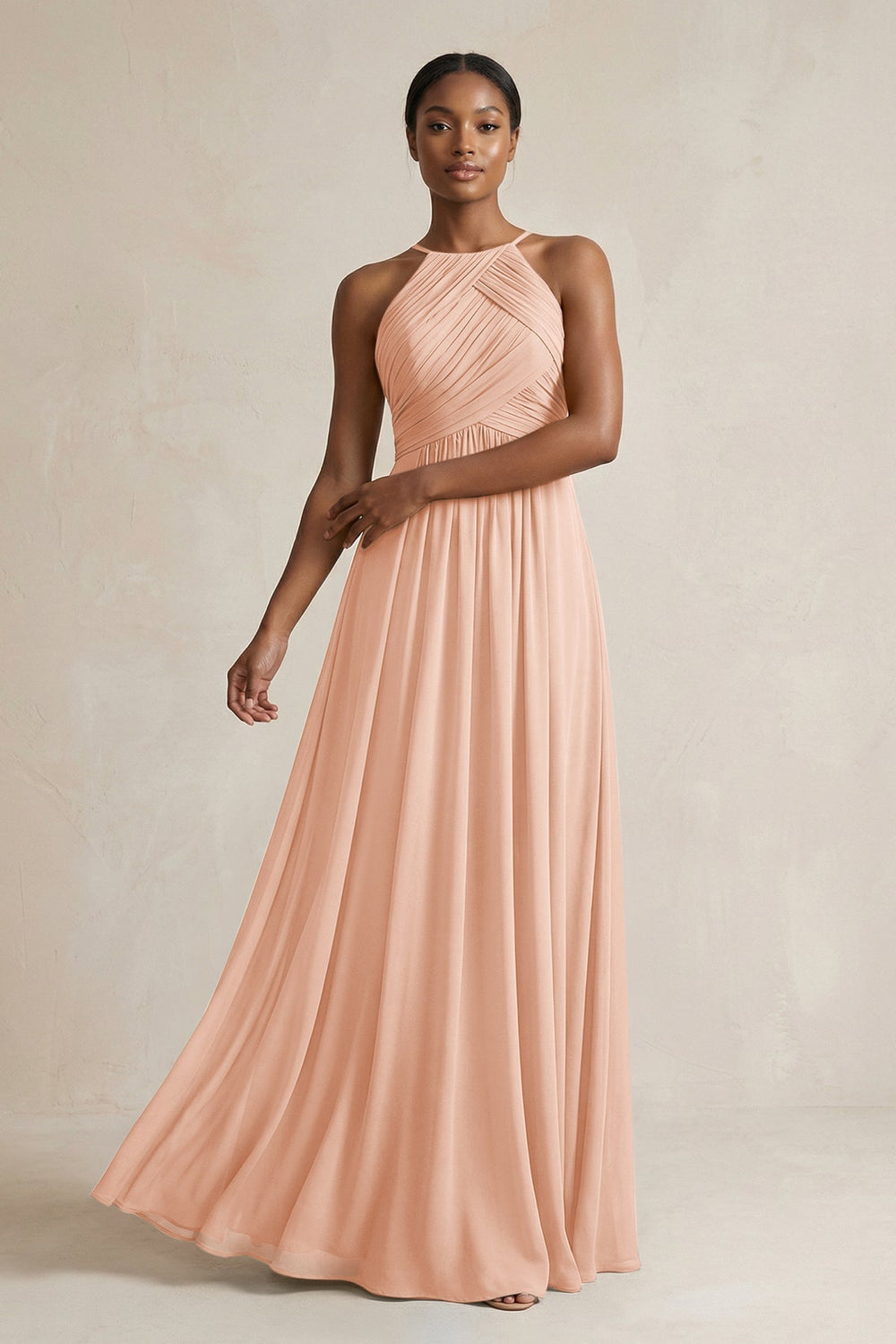 Halter Pleated Chiffon A - Line Bridesmaid Dress in English Rose - KissProm Bridesmaid Dresses