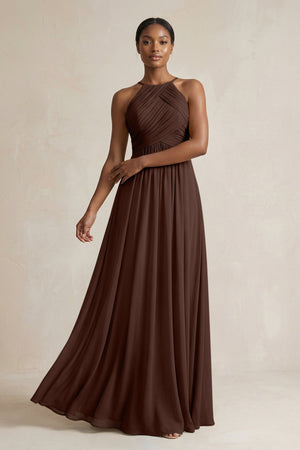 Halter Pleated Chiffon A - Line Bridesmaid Dress in Espresso - KissProm Bridesmaid Dresses