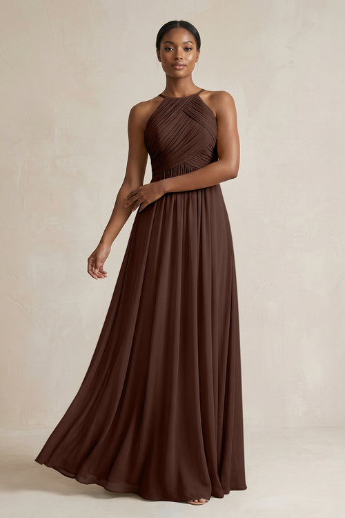 Halter Pleated Chiffon A - Line Bridesmaid Dress in Espresso - KissProm Bridesmaid Dresses