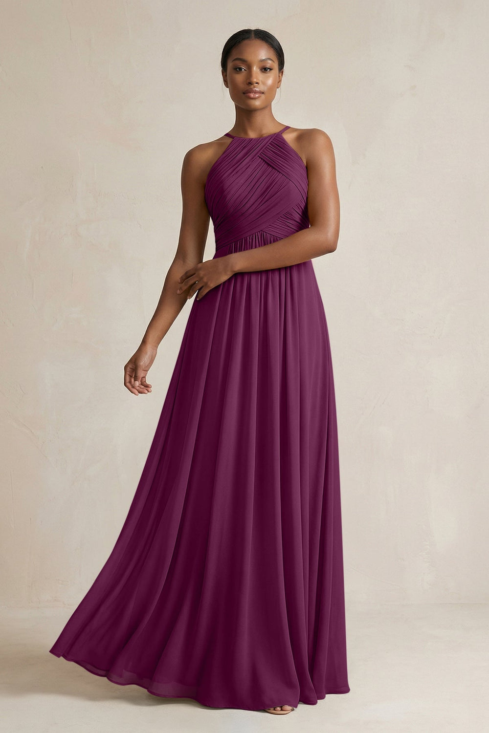 Halter Pleated Chiffon A - Line Bridesmaid Dress in Fig - KissProm Bridesmaid Dresses