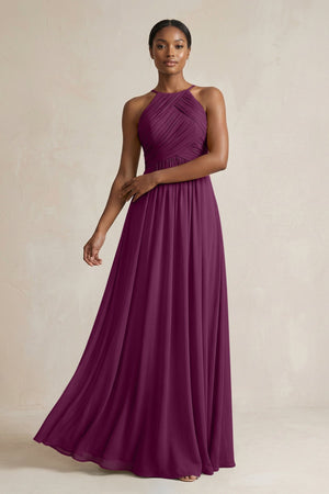 Halter Pleated Chiffon A - Line Bridesmaid Dress in Fig - KissProm Bridesmaid Dresses