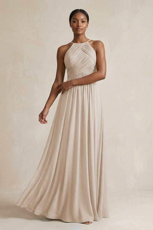Halter Pleated Chiffon A - Line Bridesmaid Dress in Frost - KissProm Bridesmaid Dresses