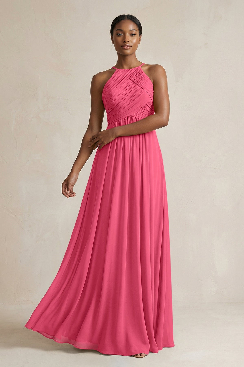 Halter Pleated Chiffon A - Line Bridesmaid Dress in Fuchsia - KissProm Bridesmaid Dresses