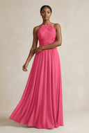 Halter Pleated Chiffon A - Line Bridesmaid Dress in Fuchsia - KissProm Bridesmaid Dresses