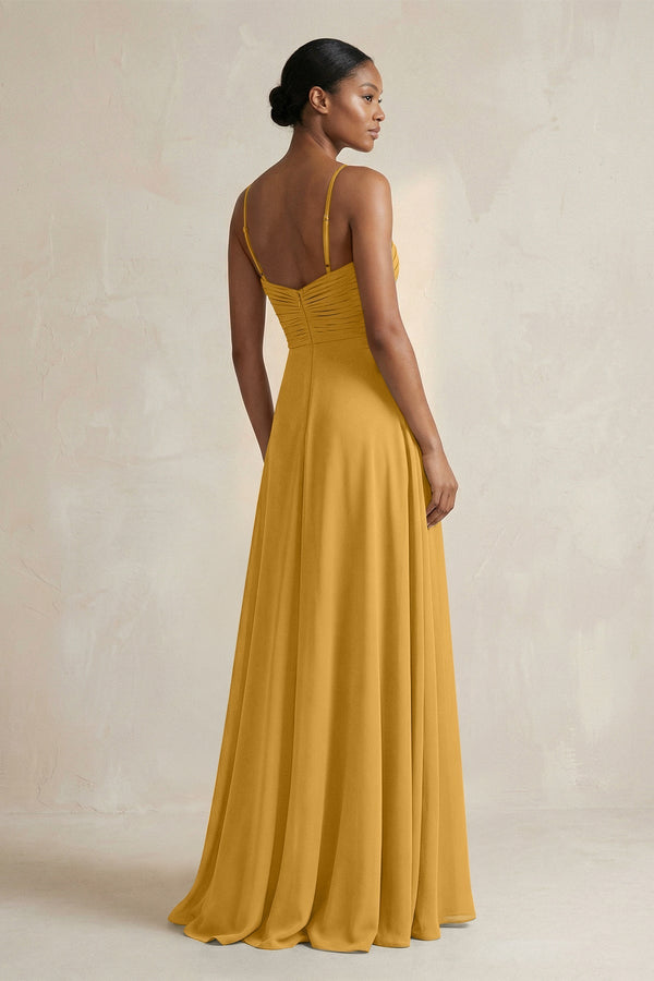Halter Pleated Chiffon A - Line Bridesmaid Dress in Marigold - KissProm Bridesmaid Dresses