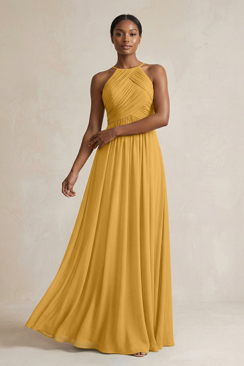 Halter Pleated Chiffon A-Line Bridesmaid Dress in Marigold