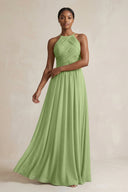 Halter Pleated Chiffon A - Line Bridesmaid Dress in Matcha - KissProm Bridesmaid Dresses