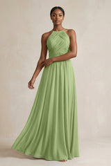 Halter Pleated Chiffon A - Line Bridesmaid Dress in Matcha - KissProm Bridesmaid Dresses