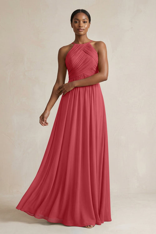 Halter Pleated Chiffon A - Line Bridesmaid Dress in Merlot - KissProm Bridesmaid Dresses
