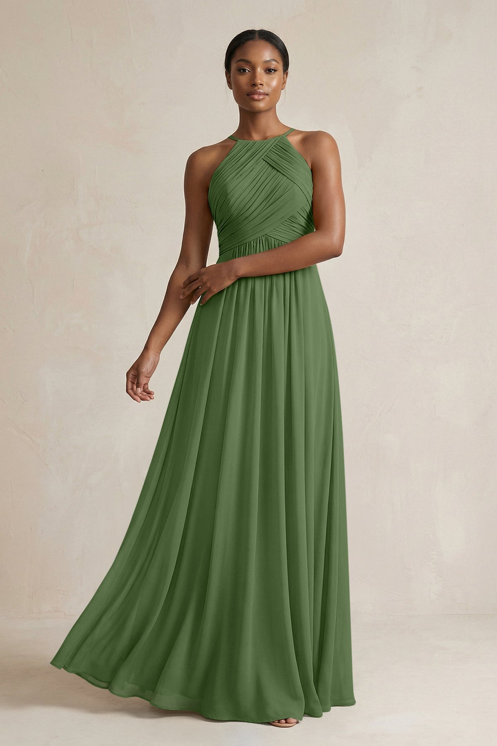 Halter Pleated Chiffon A - Line Bridesmaid Dress in Moss - KissProm Bridesmaid Dresses