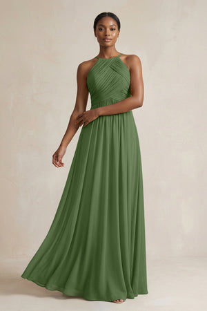 Halter Pleated Chiffon A - Line Bridesmaid Dress in Moss - KissProm Bridesmaid Dresses