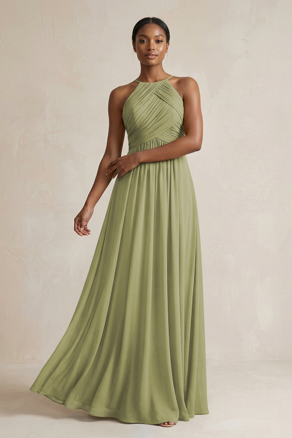 Halter Pleated Chiffon A - Line Bridesmaid Dress in Moss Green - KissProm Bridesmaid Dresses