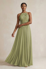 Halter Pleated Chiffon A - Line Bridesmaid Dress in Moss Green - KissProm Bridesmaid Dresses