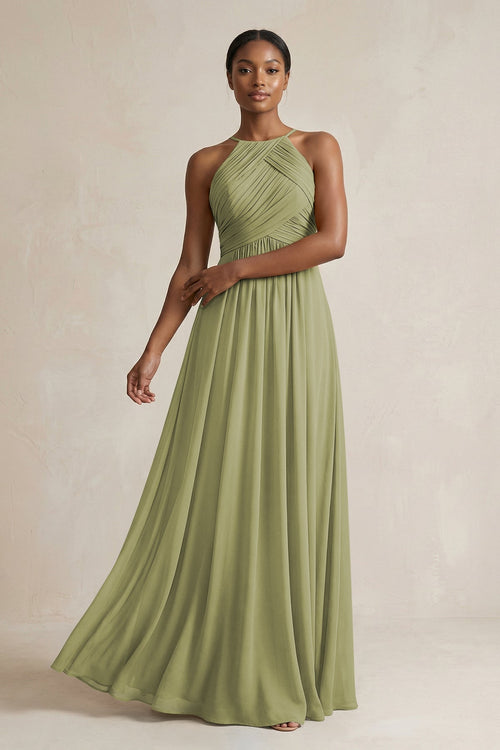 Halter Pleated Chiffon A - Line Bridesmaid Dress in Moss Green - KissProm Bridesmaid Dresses