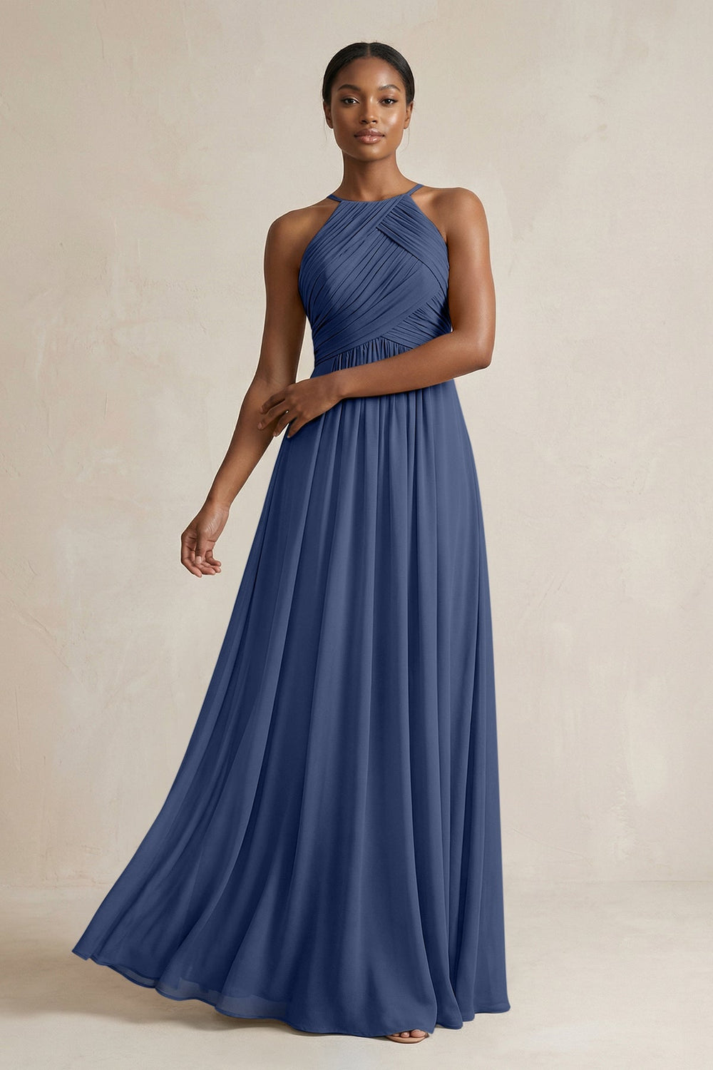 Halter Pleated Chiffon A - Line Bridesmaid Dress in Navy - KissProm Bridesmaid Dresses