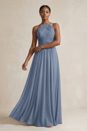 Halter Pleated Chiffon A - Line Bridesmaid Dress in Neptune - KissProm Bridesmaid Dresses