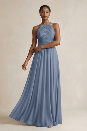 Halter Pleated Chiffon A - Line Bridesmaid Dress in Neptune - KissProm Bridesmaid Dresses