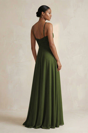 Halter Pleated Chiffon A - Line Bridesmaid Dress in Olive - KissProm Bridesmaid Dresses