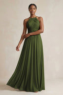 Halter Pleated Chiffon A - Line Bridesmaid Dress in Olive - KissProm Bridesmaid Dresses