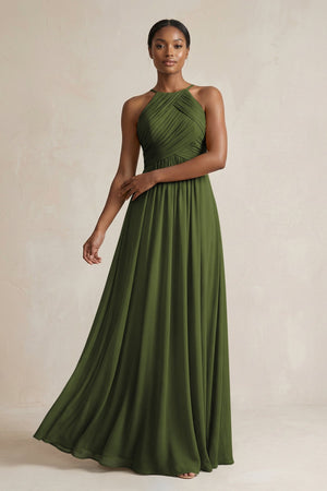 Halter Pleated Chiffon A - Line Bridesmaid Dress in Olive - KissProm Bridesmaid Dresses