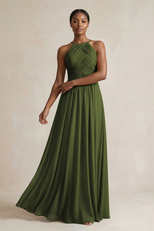 Halter Pleated Chiffon A - Line Bridesmaid Dress in Olive - KissProm Bridesmaid Dresses