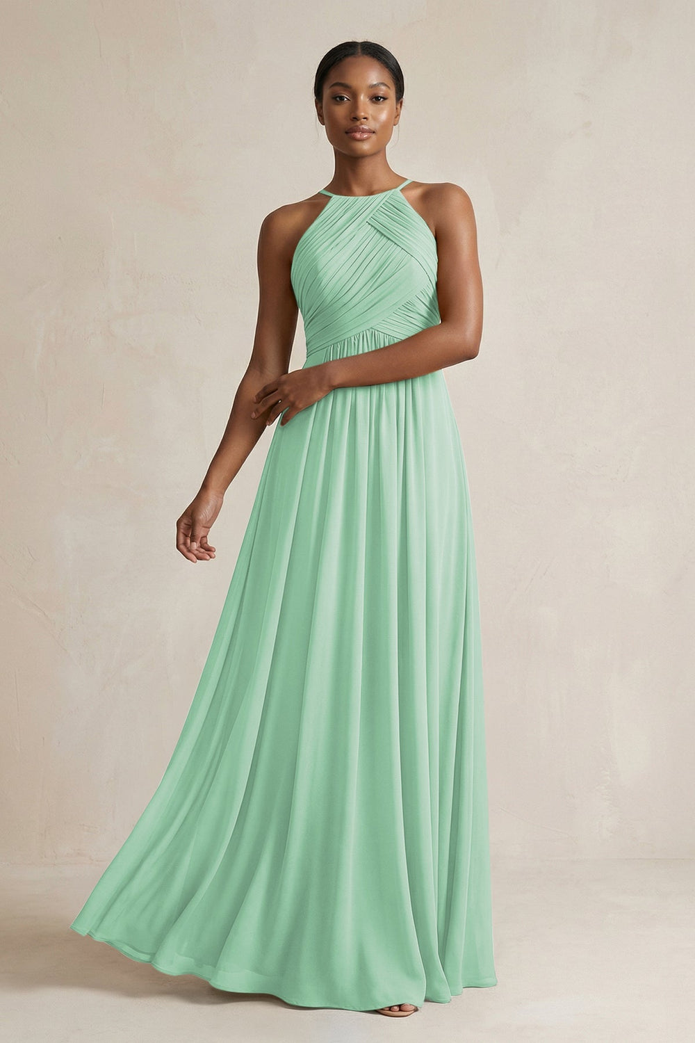 Halter Pleated Chiffon A - Line Bridesmaid Dress in Pale Pistachio - KissProm Bridesmaid Dresses