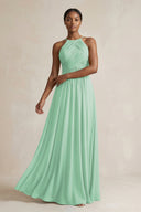 Halter Pleated Chiffon A - Line Bridesmaid Dress in Pale Pistachio - KissProm Bridesmaid Dresses
