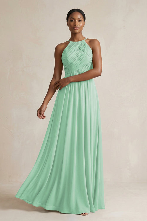 Halter Pleated Chiffon A - Line Bridesmaid Dress in Pale Pistachio - KissProm Bridesmaid Dresses