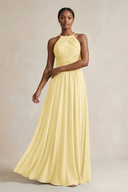 Halter Pleated Chiffon A-Line Bridesmaid Dress in Pastel Yellow