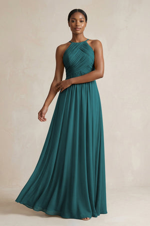 Halter Pleated Chiffon A - Line Bridesmaid Dress in Pine - KissProm Bridesmaid Dresses
