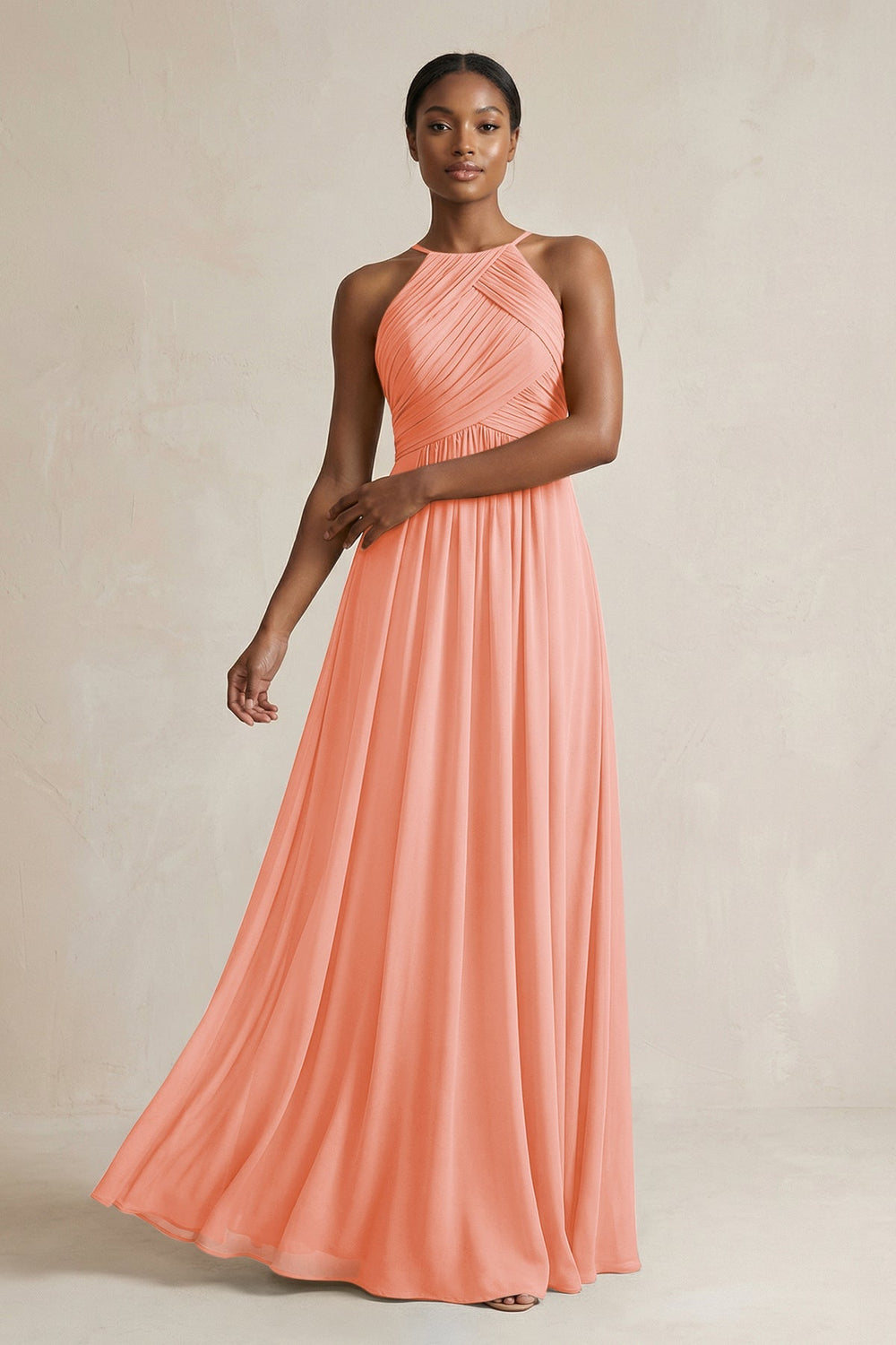 Halter Pleated Chiffon A - Line Bridesmaid Dress in Rosette - KissProm Bridesmaid Dresses