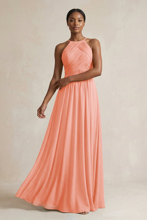 Halter Pleated Chiffon A - Line Bridesmaid Dress in Rosette - KissProm Bridesmaid Dresses