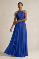 Halter Pleated Chiffon A - Line Bridesmaid Dress in Royal Blue - KissProm Bridesmaid Dresses