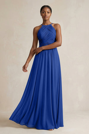Halter Pleated Chiffon A - Line Bridesmaid Dress in Royal Blue - KissProm Bridesmaid Dresses