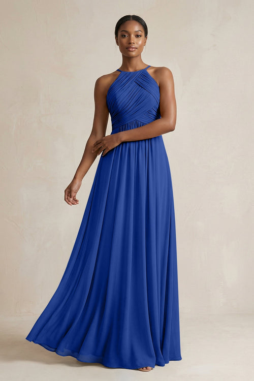 Halter Pleated Chiffon A - Line Bridesmaid Dress in Royal Blue - KissProm Bridesmaid Dresses