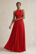 Halter Pleated Chiffon A - Line Bridesmaid Dress in Ruby Red - KissProm Bridesmaid Dresses
