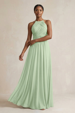 Halter Pleated Chiffon A - Line Bridesmaid Dress in Sage - KissProm Bridesmaid Dresses