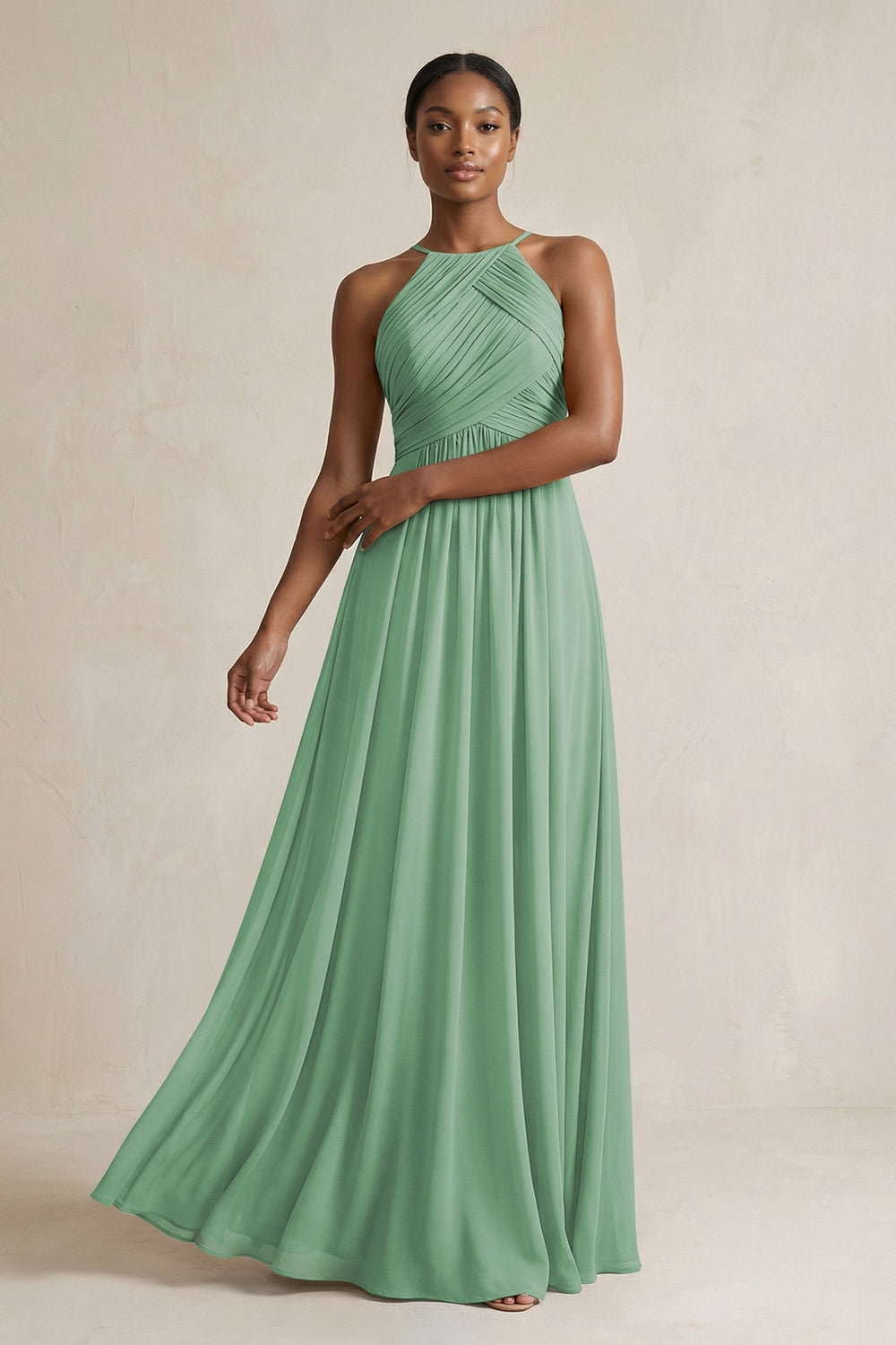 Halter Pleated Chiffon A - Line Bridesmaid Dress in Sea Glass - KissProm Bridesmaid Dresses