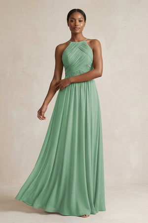 Halter Pleated Chiffon A - Line Bridesmaid Dress in Sea Glass - KissProm Bridesmaid Dresses