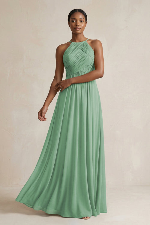 Halter Pleated Chiffon A - Line Bridesmaid Dress in Sea Glass - KissProm Bridesmaid Dresses