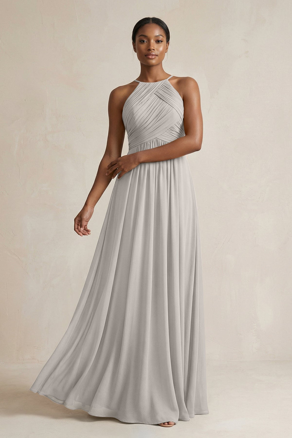 Halter Pleated Chiffon A - Line Bridesmaid Dress in Silver - KissProm Bridesmaid Dresses