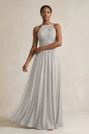 Halter Pleated Chiffon A - Line Bridesmaid Dress in Silver - KissProm Bridesmaid Dresses