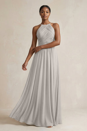 Halter Pleated Chiffon A - Line Bridesmaid Dress in Silver - KissProm Bridesmaid Dresses