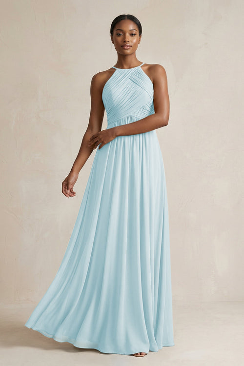 pleated chiffon bridesmaid dress Silver Pleated Chiffon Plunging Neck V-back Long Dress main image 0