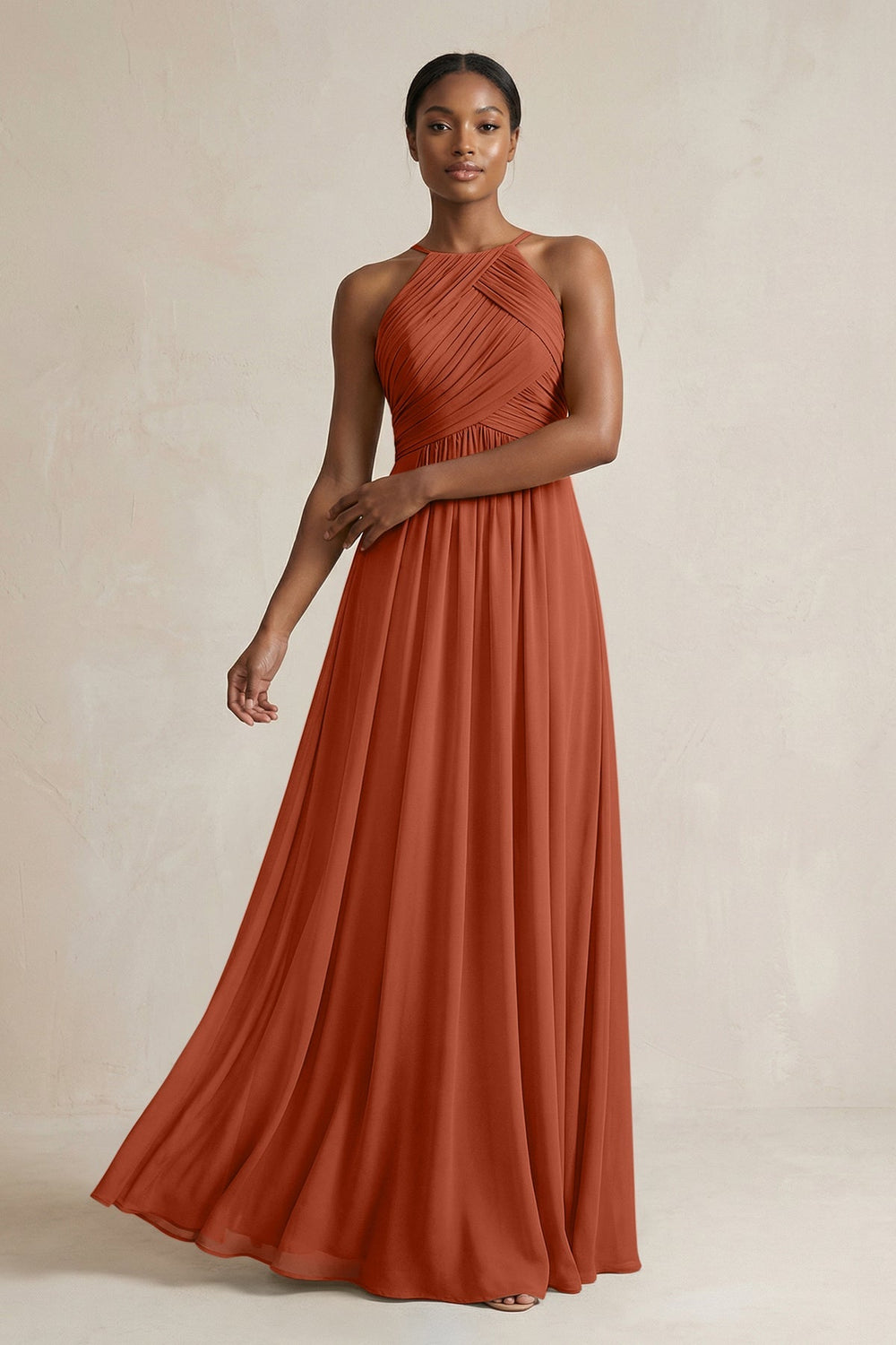 Halter Pleated Chiffon A - Line Bridesmaid Dress in Spice - KissProm Bridesmaid Dresses