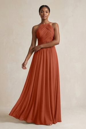 Halter Pleated Chiffon A - Line Bridesmaid Dress in Spice - KissProm Bridesmaid Dresses