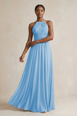 Halter Pleated Chiffon A - Line Bridesmaid Dress in Steel Blue - KissProm Bridesmaid Dresses