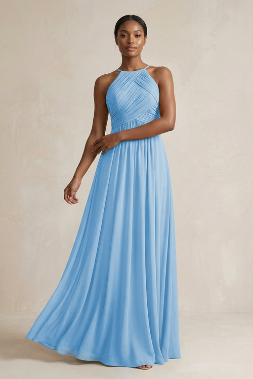 Halter Pleated Chiffon A-Line Bridesmaid Dress in Steel Blue