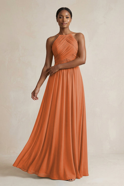 Halter Pleated Chiffon A-Line Bridesmaid Dress in Terracotta Halter Pleated Chiffon A-Line Bridesmaid Dress in Terracotta